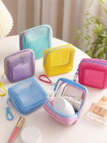 Mini Macaron Color Multi-Function Mesh Storage Bag, Cute Wallet Design, Portable Makeup Bag, Zipper Tissue Storage Bag, Girls Sanitary Pad Storage Bag, Suitable For Home, Travel And School - Multicolor - View 10