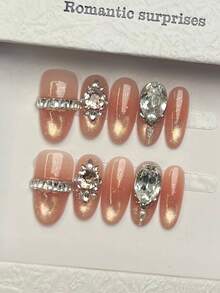 10pcs Handmade Oval Acrylic Press-On Nails, Medium-Short Length, Pink ...
