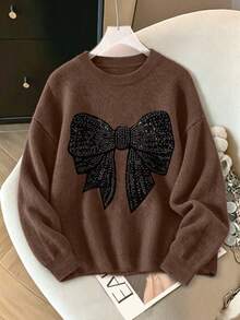 Plus Size Women's Knitted Top, Bow Pattern, Long Sleeve Crew Neck Regular Fit Sweater, Ideal Choice For Autumn Fall - Brown - View 2