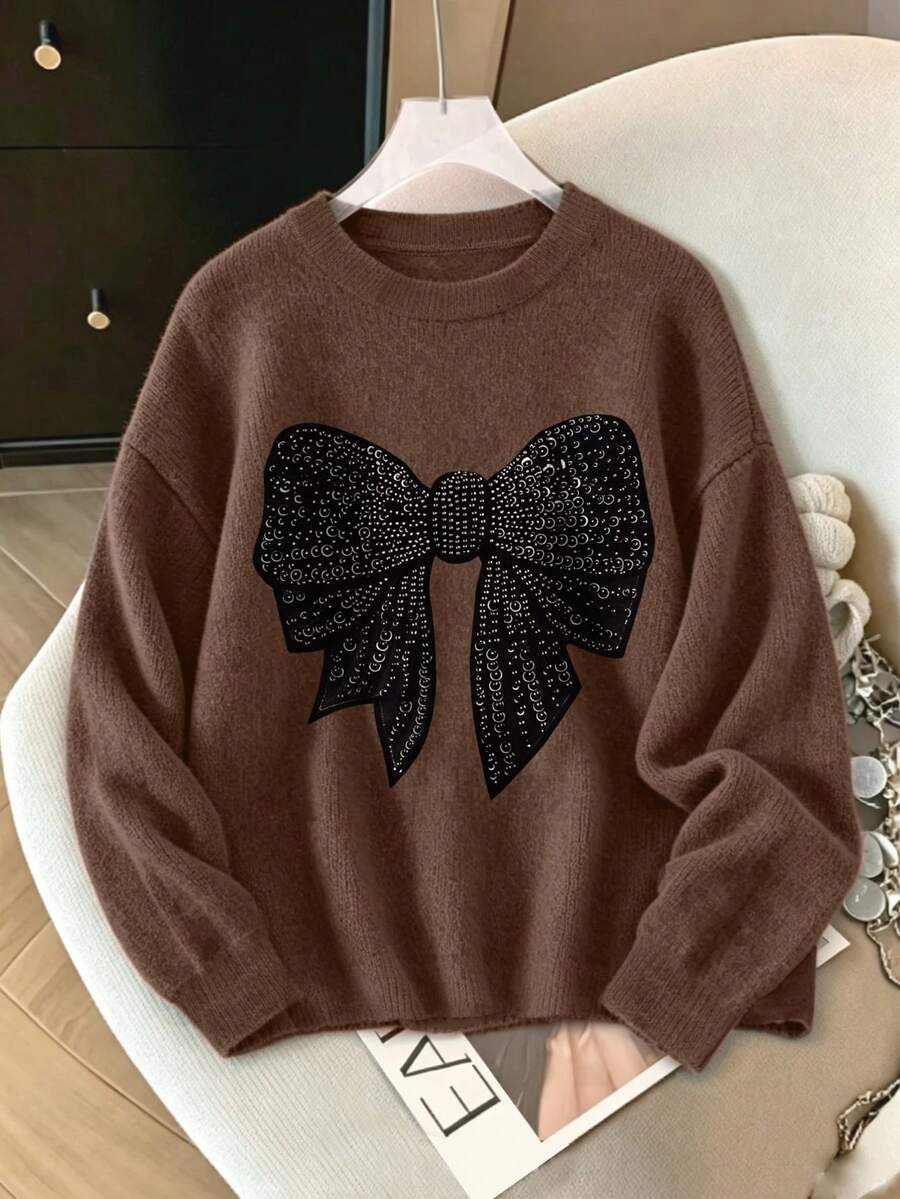 Plus Size Women's Knitted Top, Bow Pattern, Long Sleeve Crew Neck Regular Fit Sweater, Ideal Choice For Autumn Fall