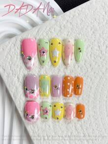 10pcs Medium Almond Press On Nails, Dopamine Rainbow Pastel Fake Nails, Glitter Ombre Polka Dot 3D Star Multi Color Rhinestone Glossy Acrylic Set For Summer, 4th Of July, Wedding, Graduation, Prom & Daily Outfits - Multicolor - View 2