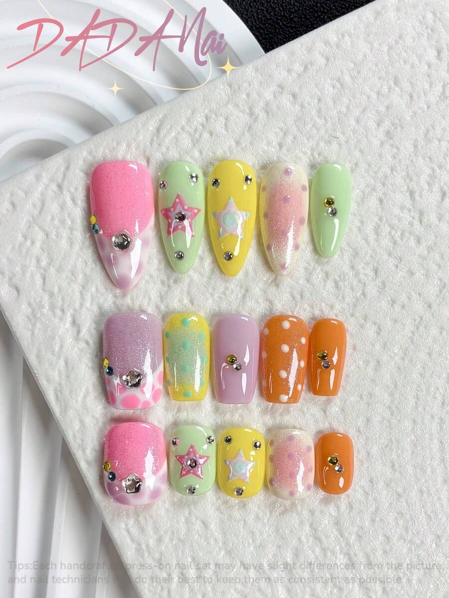 10pcs Medium Almond Press On Nails, Dopamine Rainbow Pastel Fake Nails, Glitter Ombre Polka Dot 3D Star Multi Color Rhinestone Glossy Acrylic Set For Summer, 4th Of July, Wedding, Graduation, Prom & Daily Outfits - Multicolor - View 1