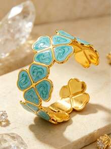 1 buah Gelang Bangle Terbuka Stainless Steel Enamel Desain Daun Semanggi Empat Daun Minimalis untuk Wanita, Cocok untuk Liburan, Kencan, atau Sebagai Hadiah Liburan untuk Teman - Yellow Gold - View 10