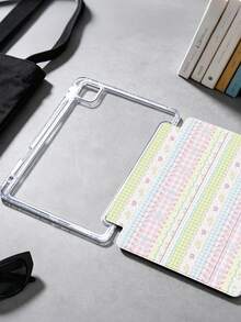 粉綠格紋花卉拼接平板保護殼，相容 iPad Mini6/Mini7/Air/Air2/9.7/10.2/10.5/10.9 (Air4-Air8)/Pro 11/10th Gen/A16/Pro 11 2024 機型，彩繪圖案平板套，透明壓克力背殼，三折支架，睡眠/喚醒，內置筆槽，不含筆，部分機型附相機框 - 彩色 - 查看 6