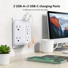 10 In 1 Surge Protector Outlet Extender, JeBlaon Wall Plug With 6 Wide Spaced AC Outlets, 2 USB-C 2 USB-A, Adjustable Night Light, 1050J Mountable Multi Outlet Splitter - White - View 6