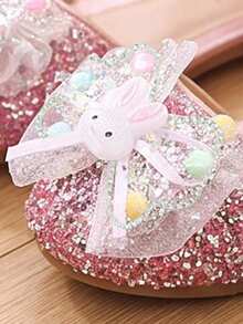 1 Pair Girls Pink Rhinestone Closed Toe Princess Sandals, Rabbit Colorful Beads Bow + Pearl Strap, Adjustable Gold Rhinestone Buckle, Non-Slip Thin Flat Sole, Breathable Lightweight Summer Shoes, Suitable For Toddlers.Kids Daily.Party.Wedding.Travel Wear - Pink - View 5