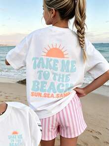 Tween Girl 1pc Girls Big Tween Girl Take Me To The Beach Short Sleeve T-Shirt, Student Youth Children's Clothing, Summer Top For Tween Girl Preparing To Play At The Beach - White - View 2
