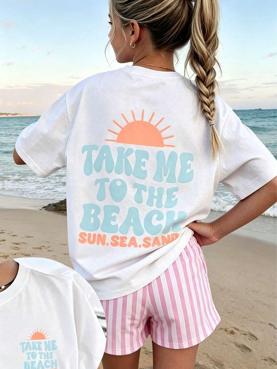 Tween Girl 1pc Girls Big Tween Girl Take Me To The Beach Short Sleeve T-Shirt, Student Youth Children's Clothing, Summer Top For Tween Girl Preparing To Play At The Beach