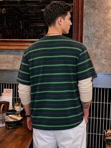 Simple Studio | Dark Green With Bright Green Horizontal Stripes 2 In 1 Off-White Patchwork Long Sleeve T-Shirt Men's Vintage Layered Loose Fit Base Top - Dark Green - View 4
