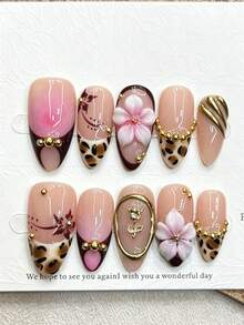 10pcs French Leopard Print Almond Shape 3D Carved Y2K Hot Girl Nail Stickers, Metallic Gold Texture Small Steel Ball Decoration, Handmade Wearable Fake Nails - Multicolor - View 1