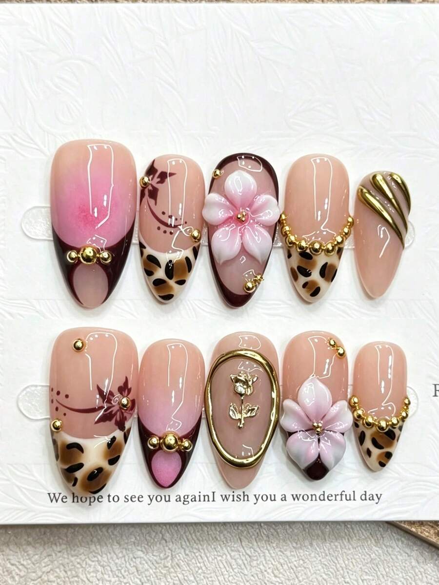 10pcs French Leopard Print Almond Shape 3D Carved Y2K Hot Girl Nail Stickers, Metallic Gold Texture Small Steel Ball Decoration, Handmade Wearable Fake Nails - Multicolor - View 1