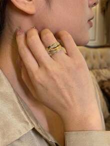 1pc Fashionable Versatile Rhinestone Inlaid Open Copper Ring, Simple And Lightweight, Suitable For Women's Daily And Holiday Decoration - Gold - View 2