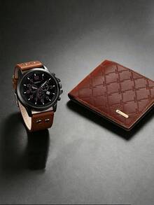 1/2/5pcs Men's Quartz Watch Set With PU Leather Strap And Brown Series Accessories, Casual Minimalist Style, Suitable For Daily Commute, Excellent Gift - Mouldless - View 10