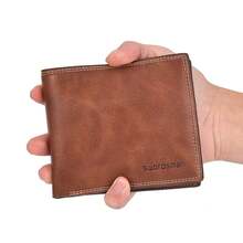 Men Horizontal Bi-Fold Wallet Smooth Faux Leather Printed Letter Multi Slot Driver License Compact Daily Office Travel Pocket Purse - Deep Coffee - View 2