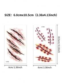 12pcs Halloween 3D Realistic Scar Temporary Tattoo Stickers, Horror Bloody Wound Zombie Tattoos, Suitable For Adult Body And Face, Costume Party Prank Makeup, Cosplay, Role Play, Party Outfits - Red - View 5