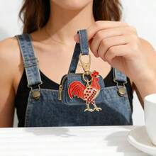 Lucky Golden Rooster Keychain, Red Rhinestone Rooster Pendant, New Year Festive Gift, Bag Accessory - Red - View 5