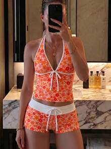 夏季新款清新甜美可愛風花卉拼色波點掛脖比基尼套裝，海灘度假休閒款 - 彩色 - 查看 1