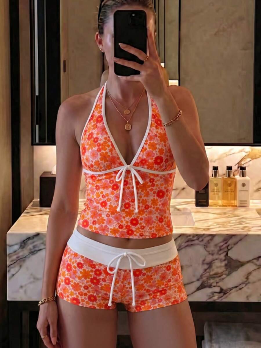 夏季新款清新甜美可愛風花卉拼色波點掛脖比基尼套裝,海灘度假休閒款 - 彩色 - 查看 1
