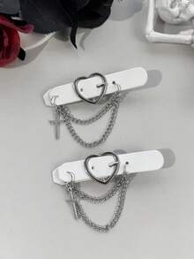 2pcs/Set Y2K Millennium Punk Style Solid Color Heart Buckle Side Clip Double Layer Chain Cross Pendant Design Girl Subculture Bangs Half-Up Hair Streetwear Atmosphere Hair Accessory - Multicolor - View 4