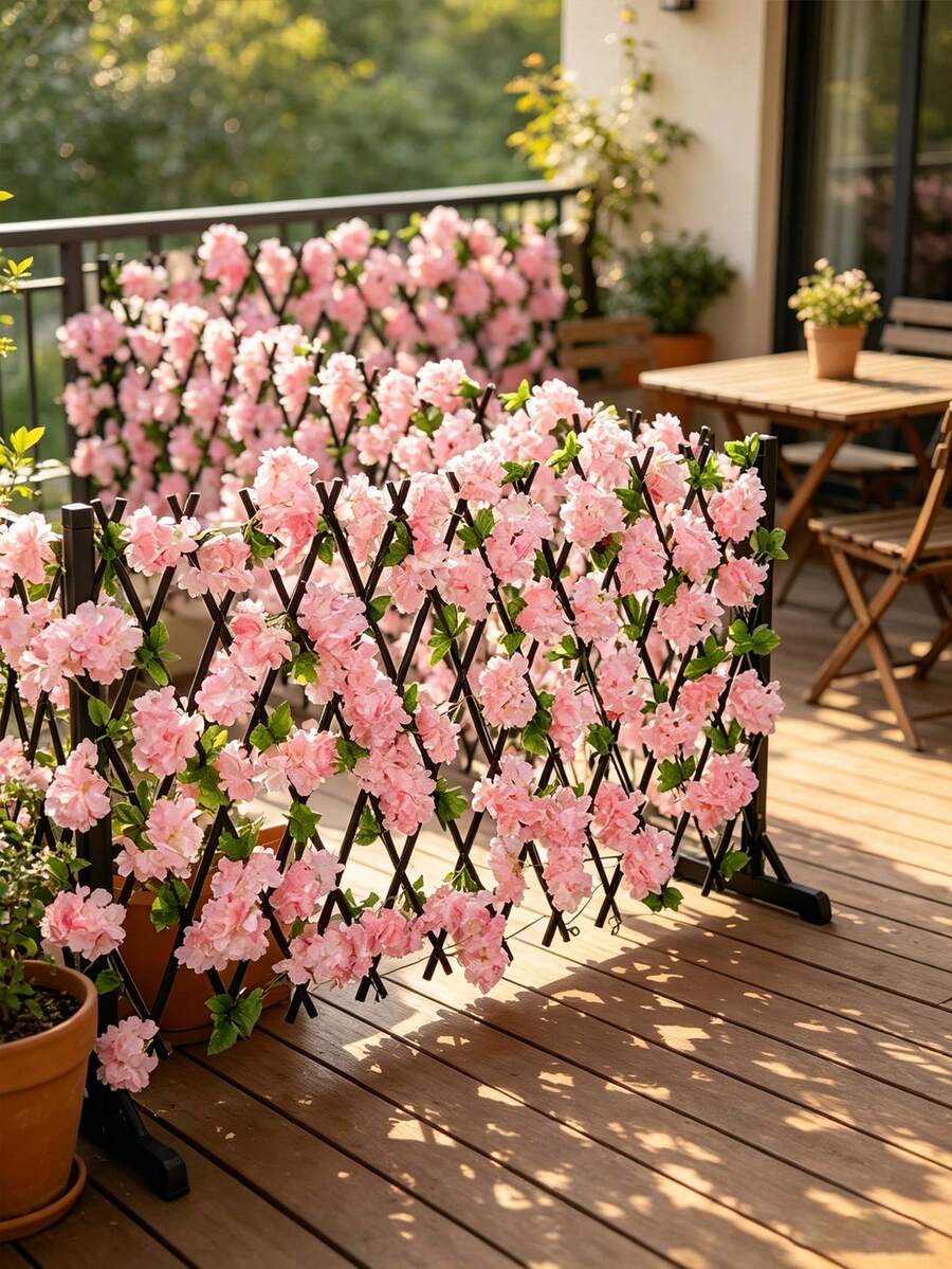 1pc Artificial Cherry Blossom Expandable Wooden Lattice Fence, Outdoor Privacy Protection Floral Screen, Decorative Fence With Artificial Hedge And Floral Concealment Function, Expandable Flower Rack, Suitable For Balcony, Patio And Outdoor, UV Resistant Fence, Privacy Screen, Suitable For Garden, Wedding Decoration Background, Home Garden Decoration - Multicolor - View 1