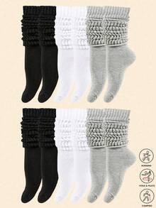 3 Pares/Conjunto de Meias Femininas da Moda até a Panturrilha, Meias até o Joelho, Meias de Barco, Adequadas como Meias Slouch, Artesanato de Tricô de Dupla Camada, Usáveis em Todas as Estações 1/6 Pares - Multicolorido - Visão 1