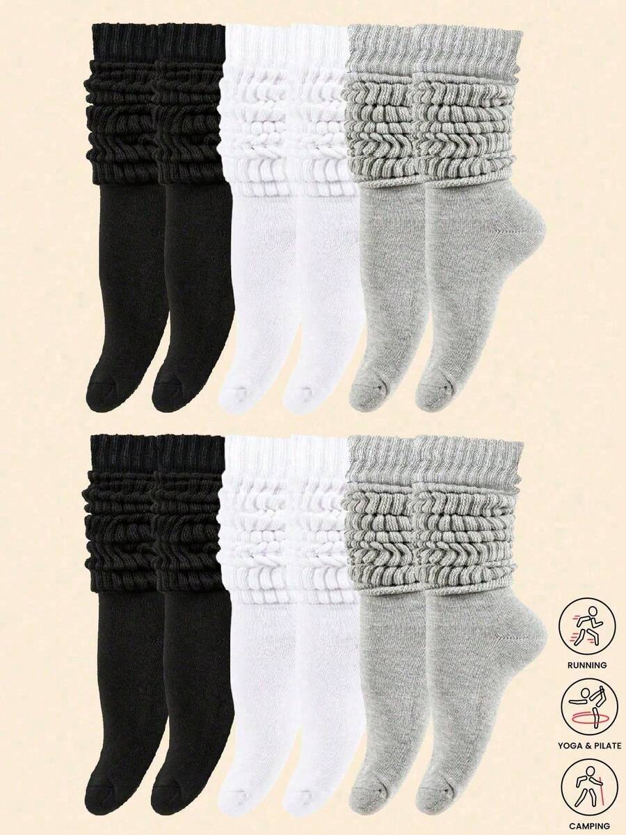 3 Pares/Conjunto de Meias Femininas da Moda até a Panturrilha, Meias até o Joelho, Meias de Barco, Adequadas como Meias Slouch, Artesanato de Tricô de Dupla Camada, Usáveis em Todas as Estações 1/6 Pares - Multicolorido - Visão 1