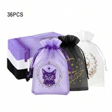 36 Halloween Gift Bags - Made Of Organza Material With Drawstring Design; Patterns Include Vintage Gothic Skulls & Roses, Mysterious Black Cats And Starry Bats; Perfect For "Trick Or Treat" Events, Party Favors, Jewelry & Crystal Packaging And Storage - Multicolor - View 6