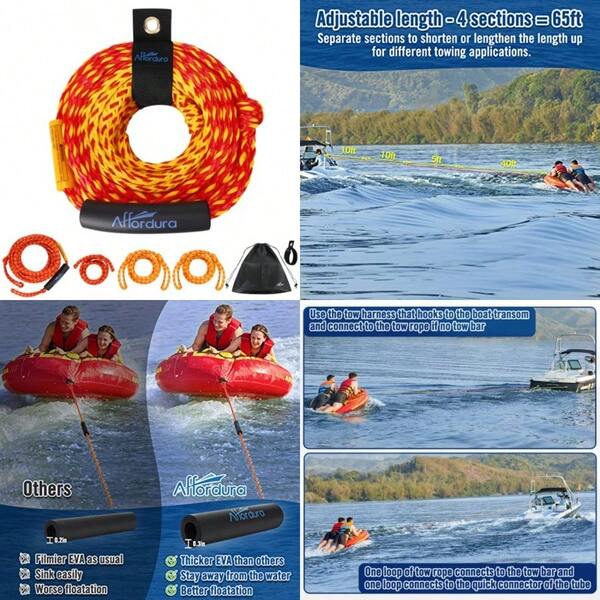 Adjustable Tow Rope For Tubing, 65 Feet 4-Section Boat Tow Rope Extension, Heavy Duty Ski Rope Water Sports Pontoon Towable Tube Pull Rope