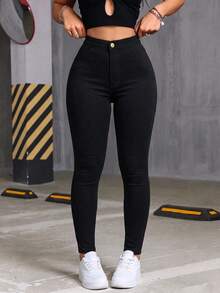 Women's Casual Black Slim Fit Jeans, Button And Zipper Detail Design, Long Length, Medium Stretch, Suitable For Autumn/Winter Wear. - Black - View 2