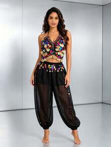 Professional Belly Dance Beaded Coin Fringe Halter Crop Top, Elastic Waist Dot Mesh Harem Pants For Dance Training, Cabaret Shows And Competitions - Multicolor - View 11