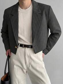WAIT HIM Men's Casual Short Striped Blazer - Dark Grey - View 1