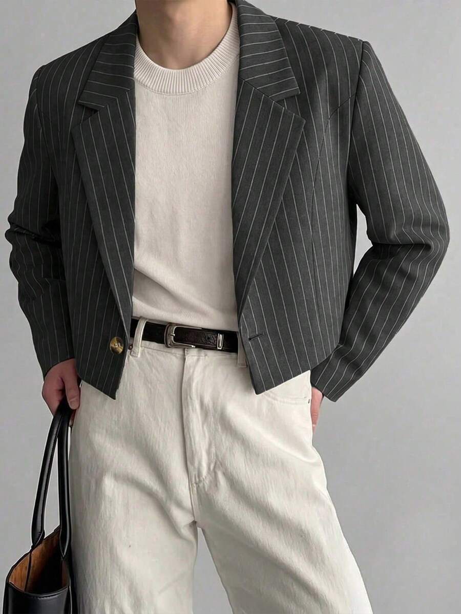 WAIT HIM Men's Casual Short Striped Blazer - Dark Grey - View 1