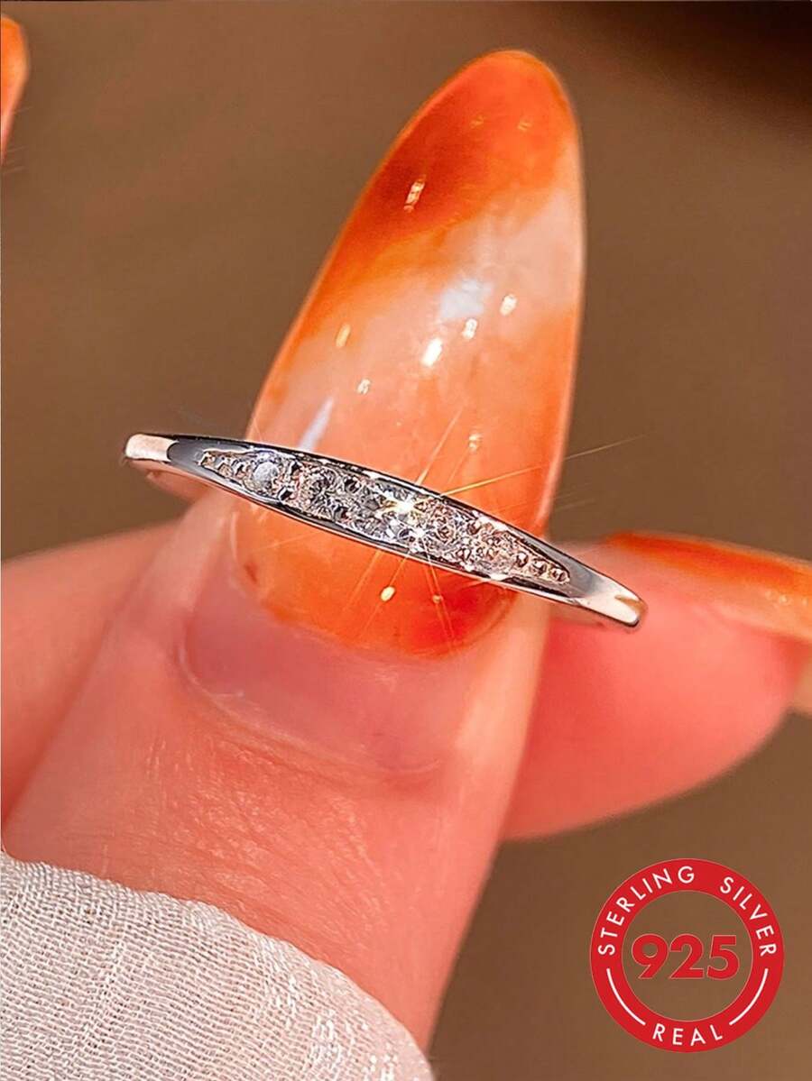 1pc S925 Sterling Silver Rhinestone Inlaid Super Sparkling Thin Band Ring, Light Luxury Personalized Elegant Ins Minimalist Niche Design Exquisite Women's Ring, Suitable For Daily Wear, Party, Vacation And Other Occasions Gift