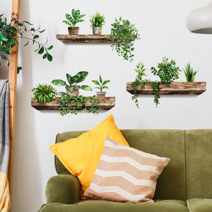 Exquisite Green Plant Wall Sticker Set (3pcs), PVC Glitter Potted Plant Shelf Stickers, Removable Waterproof Self-Adhesive Decoration, Suitable For Office, Lounge, Dorm, Classroom, Library, Home Decor - F040 - View 1