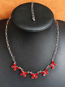 1pc American Western Colorful Gemstone Butterfly Necklace, Distressed Silver Rectangular Chain, Vintage Style Girl Collarbone Necklace - Necklace - View 4