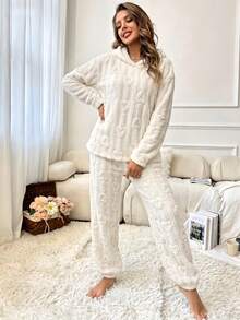 Cream White Heart Embossed Flannel Pajama Set, Hooded Sweatshirt And Loose Cuffed Pants, Fuzzy Warm Loungewear 2 Pieces Set - White - View 3