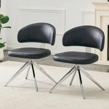 Modern Minimalist Swivel Chair Set (2-Piece)/Dining Chairs With PU Leather Upholstery/Dining Chairs With Metal Frame/360° Swivel/Suitable For Office And Living Room - Black + Silver - View 2