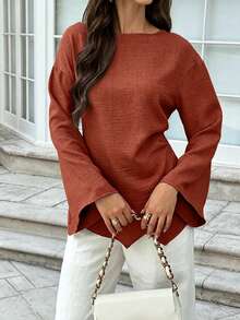 Women's Blue Woven Fabric Boat Neck Long Sleeve Shirt, With Asymmetric Hem And Drop Shoulder Design, Basic Fashion Blouse - Red - View 2