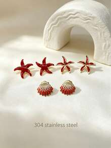 Ins Fresh Beach Multi-Motif Earrings, Dual Lined Starfish & Gradient Fan Shell Shape, Skin- 304 Steel, Summer Vacation Accessory - Multicolor - View 5