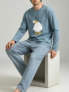 Men's Autumn/Winter Pajama Set Minimalist Cartoon Tilted White Duck Print Long Sleeve Striped Print Pants Loungewear 2 Pieces - Multicolor - View 1