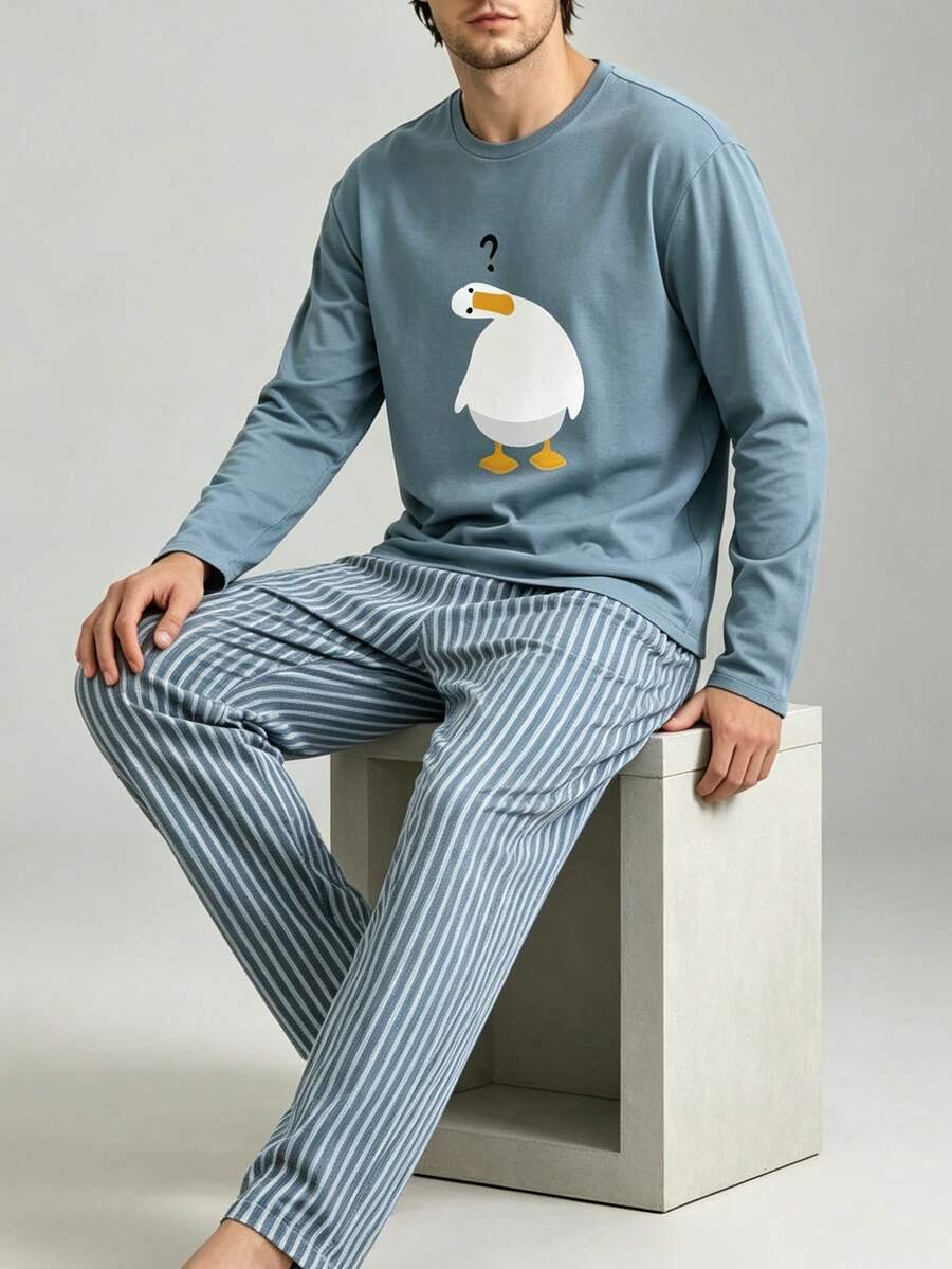 Men's Autumn/Winter Pajama Set Minimalist Cartoon Tilted White Duck Print Long Sleeve Striped Print Pants Loungewear 2 Pieces - Multicolor - View 1