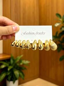 8pcs/18pcs Minimalist Elegant Premium Earring Collection, Metal Water Drop, Polished, Ribbed, Twisted, Versatile For All Face Shapes, Dating, Party, Daily Commute - Gold - View 6