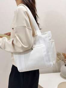 Large Capacity Canvas College Style Casual Tote Bag Shopping Bag Multifunctional Shoulder Bag Upgraded Canvas Bag - White - View 5