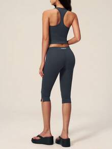 TimeOff Women's One Set Solid Color U-Neck Square Neck Racerback Tank Top And Side Slit Mid-Length Shorts Sports Set - Grey - View 11