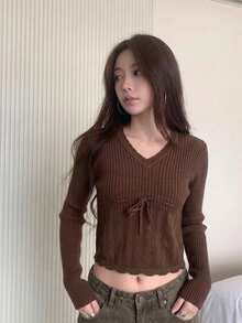 YCYC Atasan Lengan Panjang Wanita Model Ikat Depan Terbaru Musim Semi/Musim Gugur - Coffee Brown - View 1