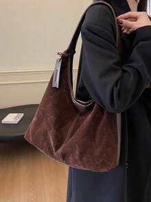 現代簡約百搭咖啡色女款單肩包，高端大容量收納托特包/手提包 - 咖啡棕 - View 3