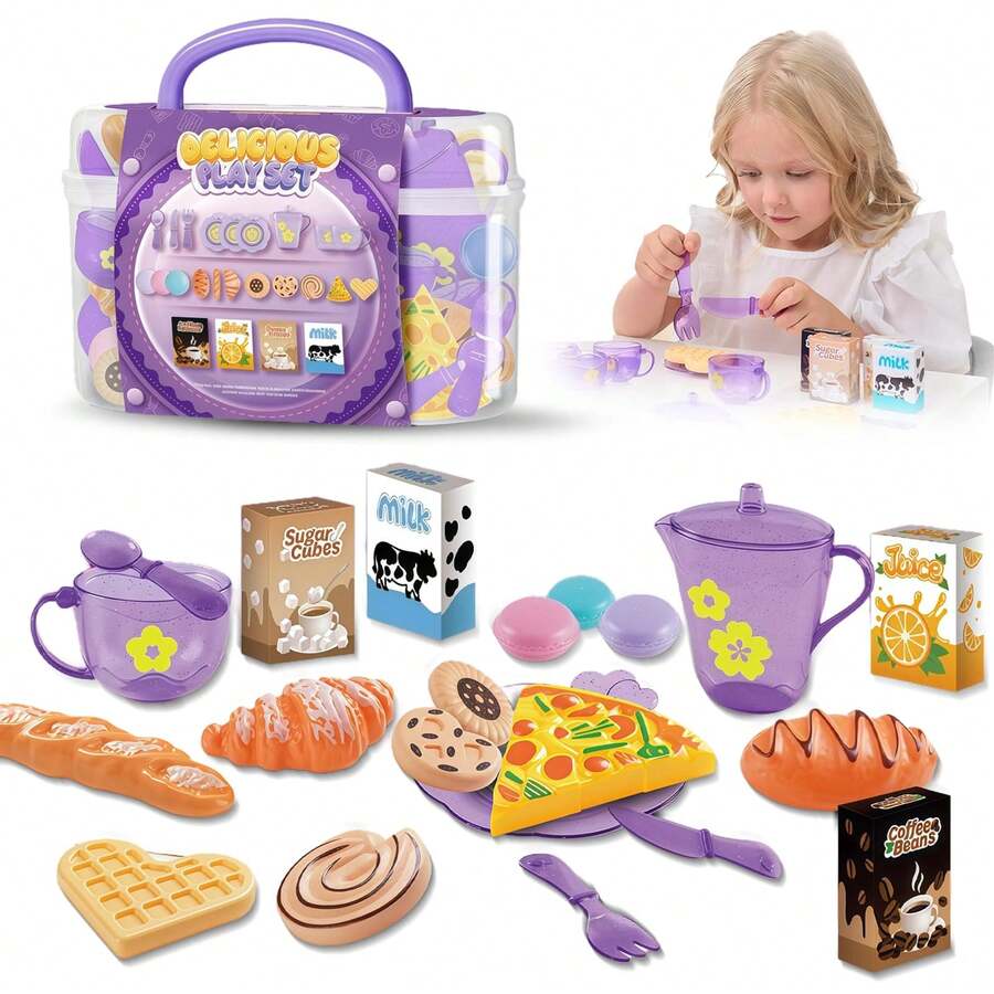 25pcs Girls Tea Party Set, Realistic Kitchen Toy With Desserts And Snacks, Plastic Teacups And Tableware Toy Set, With Portable Storage Box, Holiday Gift For 2+ Years Old Toddlers - Multicolor - View 1
