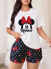 Disney 2pcs Plus Size Women's Pink Pajama Set, Mickey Minnie Mouse Print Top And Shorts, Casual Loungewear - Multicolor - View 2