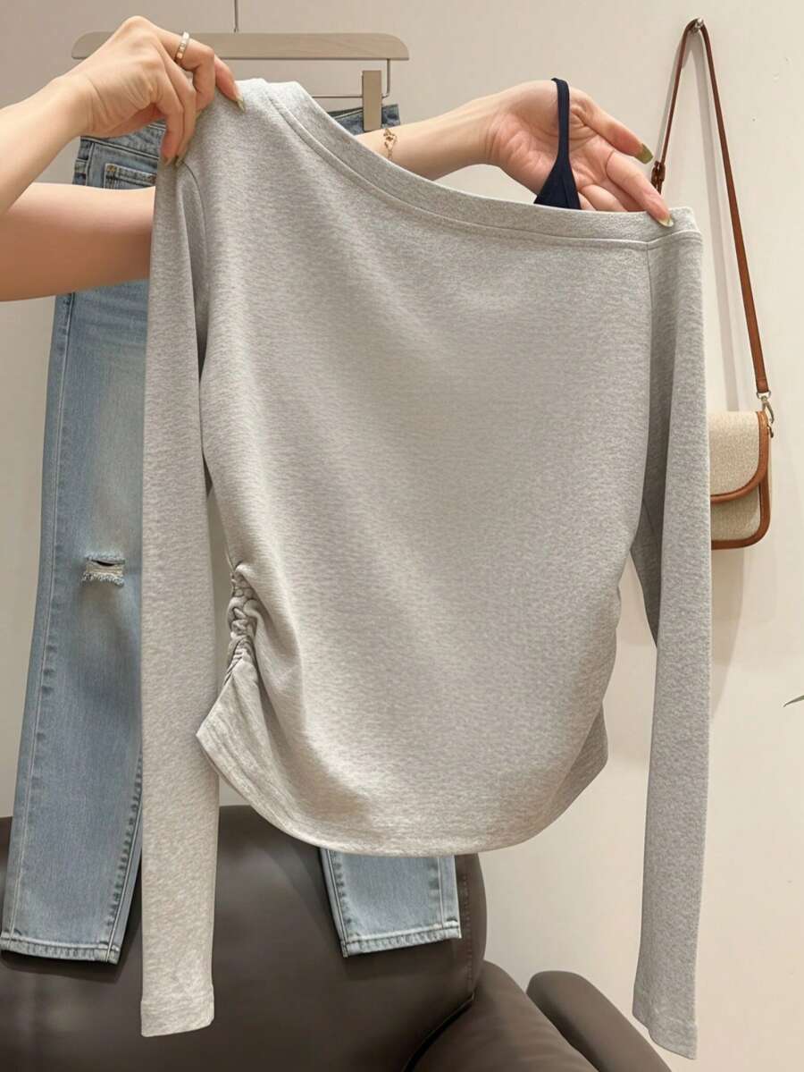 Light Gray Square Neck Solid Color Side Ruched Long Sleeve T-Shirt Women Autumn Slim Fit Flattering Sexy Style 2 In 1 Camisole Off-Shoulder Casual - Light Grey - View 1