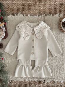 INS Baby Girl Clothes Solid Color Peter Pan Collar Long Sleeve Top + Long Pants Spring Autumn - Apricot - View 4